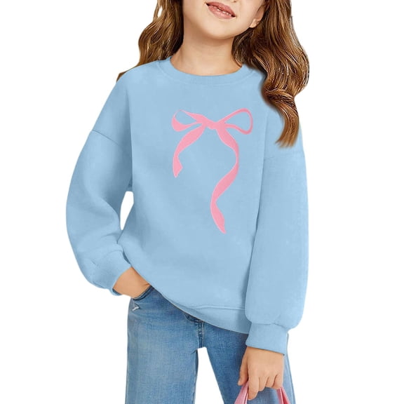 Iaqnaocc Sweatshirts for girls Size 6 Cute Bow Graphic Sweatshirts Trendy Casual Fall Winter Sweatshirt Outfits Comfort Long Sleeve Clothes Blue 11-12Y