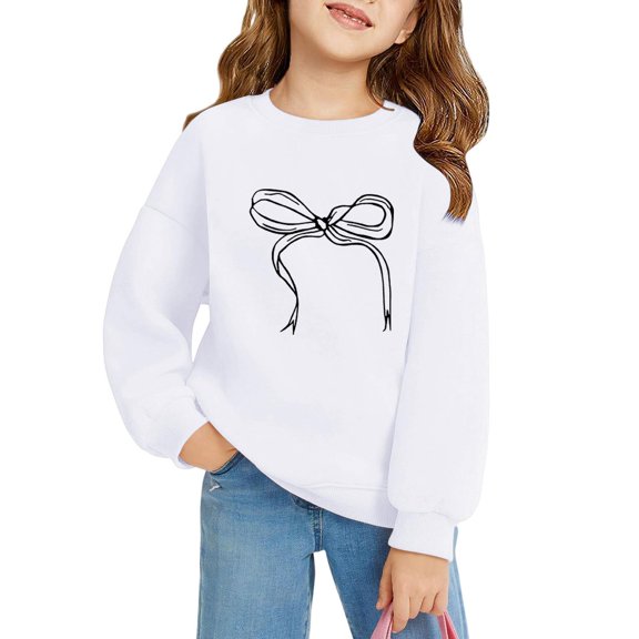 Iaqnaocc Sweatshirts for girls Size 7-8 Cute Bow Print Sweatshirts Fashion Casual Fall Winter Sweatshirt Outfits Preppy Long Sleeve Clothes White 3-4Y