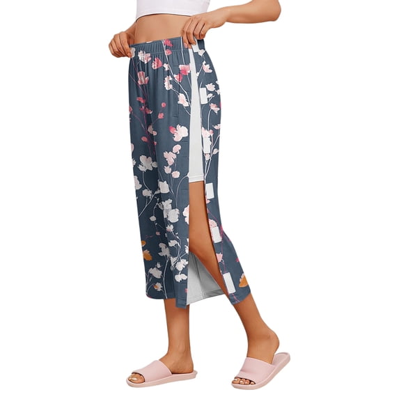 Iaqnaocc Tear Away Capri Pants for Women Breakaway Post Surgery Recovery Wide Leg Floral Print Replacement Adaptive Scrub Pants for Women Dark Blue XXL