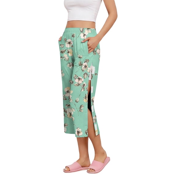 Iaqnaocc Tear Away Capri Pants for Women Breakaway Post Surgery Recovery Wide Leg Floral Print Replacement Adaptive Scrub Pants for Women Green S