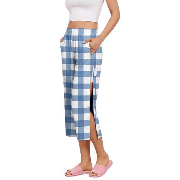 Iaqnaocc Tear Away Capri Sweatpants for Women Breakaway Post Surgery Recovery Wide Leg Capri Pants Plaid Adaptive Scrub Pants for Women Light Blue L
