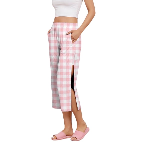 Iaqnaocc Tear Away Capri Sweatpants for Women Breakaway Post Surgery Recovery Wide Leg Capri Pants Plaid Adaptive Scrub Pants for Women Pink XL