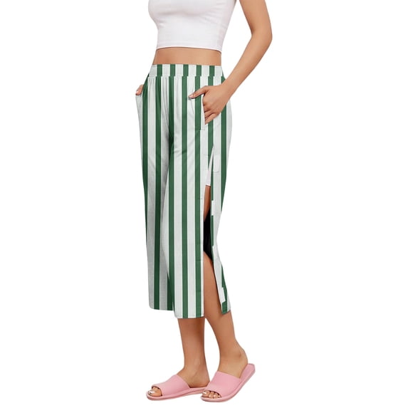 Iaqnaocc Tear Away Post Surgery Pants Women Breakaway Capri Pants for Women Recovery Adaptive Clothing for Women Striped Magic Tape Wide Leg Green M
