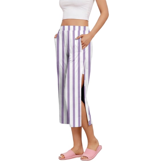Iaqnaocc Tearaway Scrub Pants for Women Post Surgery Recovery Adaptive Clothing for Women Striped Capri Pants Side Snap Open Bottom Loose Fit Pants with Pockets Purple S