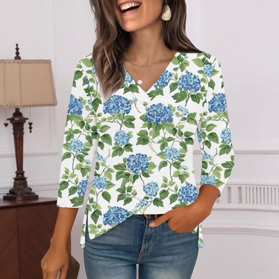Iaqnaocc Tops for Women Trendy Dressy Casual 3/4 Sleeve V Neck Tunic Work Fall Winter Floral Print Fashion Shirts with Curved Hem Sky Blue XXL