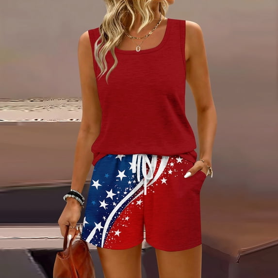 Iaqnaocc Two Piece Sets for Women 250 Anniversary Usa Flag Flag Tank Square Neck Sleeveless and Elastic Waist Shorts Summer American Flag Stars Lounge Sets for Women Vermilion XXXL