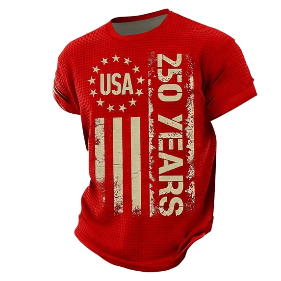 Iaqnaocc Usa 4th Of July Shirts for Men Short Sleeve Usa American Flag Patriotic 250th Anniversary Usa Flag American Crew Neck Big and Tall T-Shirt Red 3XL