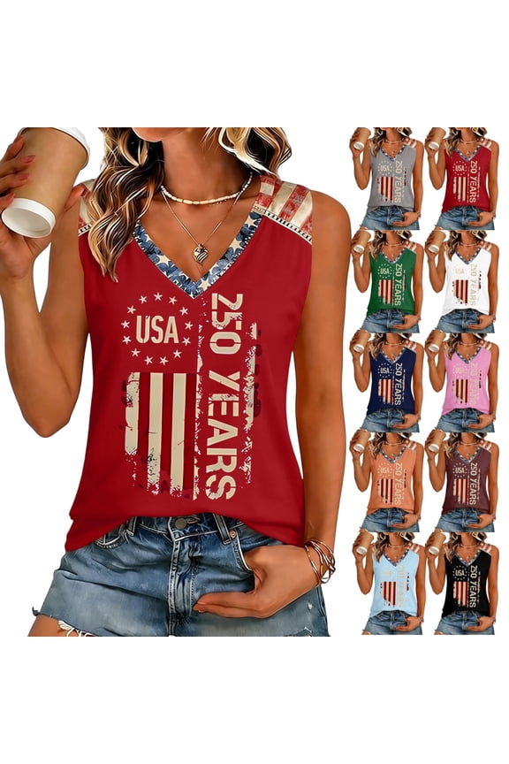 Usa Flag Womens Tank Tops Summer Patriotic Loose Fit Sleeveless V Neck 250th Anniversary Usa Shirt 4th Of July Outfits for Women Independence Day Freedom Tee Tops Red XL