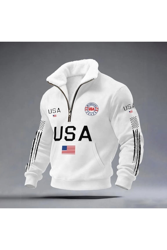 Usa Patriotic Sweatshirt for Men Waffle Zippper Mock Neck Long Sleeve Shirts for Men 250 Anniversary Usa Shirt Usa Flag American 1776-2026 4th Of July Pullover White L