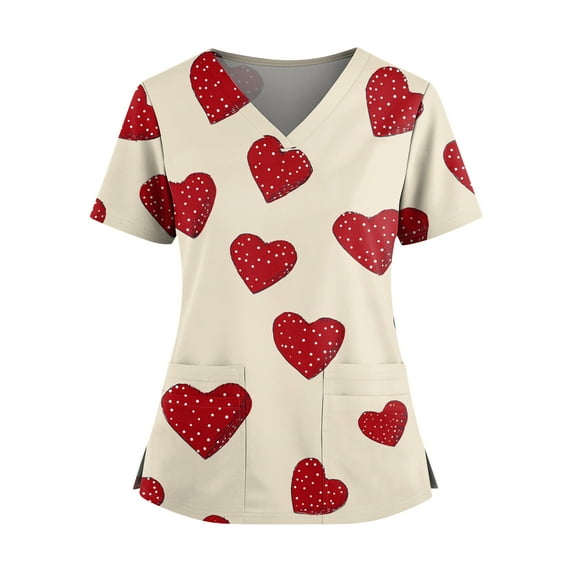 Iaqnaocc Valentine Scrubs for Women Funny Love Heart Print Nurse Uniforms Trendy V-Neck Scrub Shirt Party Short Sleeve Medical Workwear with Pockets Beige 2XL