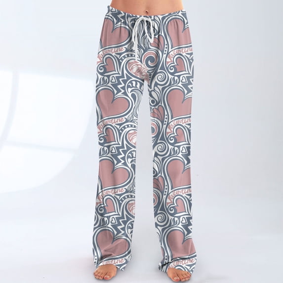 Iaqnaocc Valentine's Day Pajama Pants Women Baggy Casual Love Heart Print Lounge Pants Soft Warm Pants Fashion Comfy Waisted Drawstring Pajama Lounge Pants Light Blue M