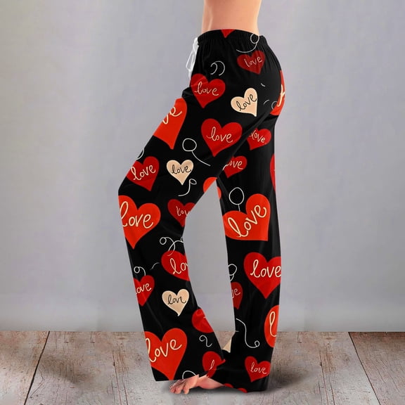 Iaqnaocc Valentine's Day Pajama Pants Women Baggy Casual Love Heart Print Pj Bottoms Loose Fit Pajama Pants Fashion Comfy Waisted Drawstring Sweatpants Black XXXL