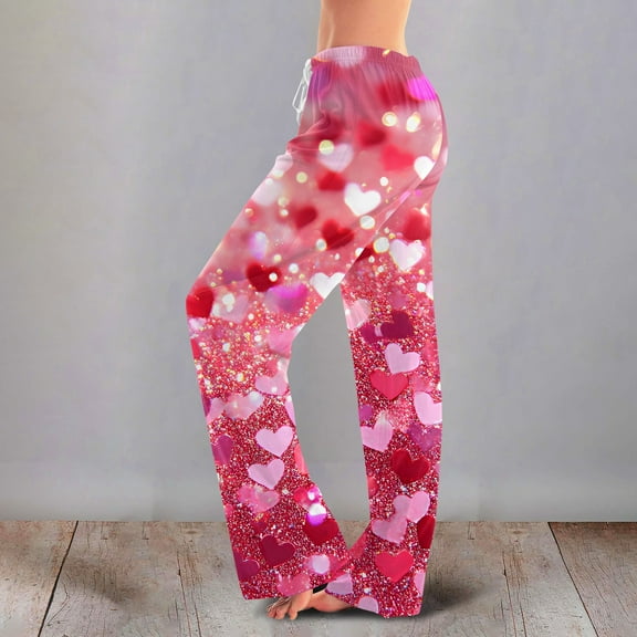 Iaqnaocc Valentine's Day Pajama Pants Women Casual Love Heart Print Lounge Pants Casual Pants Fashion Fall Winter Drawstring Elastic Waist Sweatpants Hot Pink XXXL