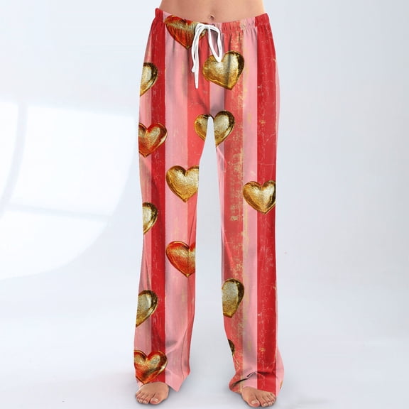 Iaqnaocc Valentine's Day Pajama Pants Women Casual Love Heart Print Lounge Pants Casual Star Graphic Pajama Pants Fashion Fall Winter Waisted Drawstring Sweatpants Watermelon Red XXXL