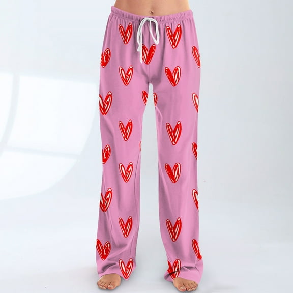 Iaqnaocc Valentine's Day Pajama Pants Women Casual Love Heart Print Pj Bottoms Loose Fit Pajama Pants Fashion Comfy Waisted Drawstring Trousers Hot Pink XXXL