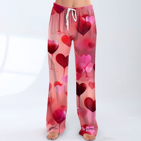 Iaqnaocc Valentine's Day Pajama Pants Women Fancy Love Heart Print Lounge Pants Soft Warm Pajama Pants Fashion Comfy Drawstring Elastic Waist Sweatpants Vermilion XXL