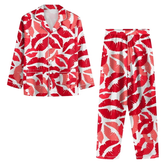 Iaqnaocc Valentine's Day Pajamas for Women Set Cute lips Print Pjs Holiday Two Piece Silk Sleepwear Cozy Button Down Long Sleeve Sleepwear Nightwear Red M