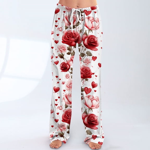 Iaqnaocc Valentine's Day Pants for Women Baggy Fancy Love Heart Print Lounge Pants Soft Warm Pants Fashion Holiday Party Waisted Drawstring Trousers Red XL