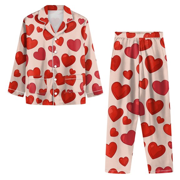 Iaqnaocc Valentine's Day Womens Pajama Sets Funny Heart Print Pjs Holiday 2 Piece Silk Pajamas Relax Fit Button Long Sleeve Shirt with Long Pants Beige L