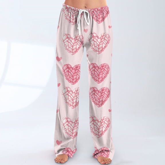 Iaqnaocc Valentine's Day pants for women Baggy Casual Love Heart Print Lounge Pants Loose Fit Pants Fashion Comfy Waisted Drawstring Sweatpants Pink XXL