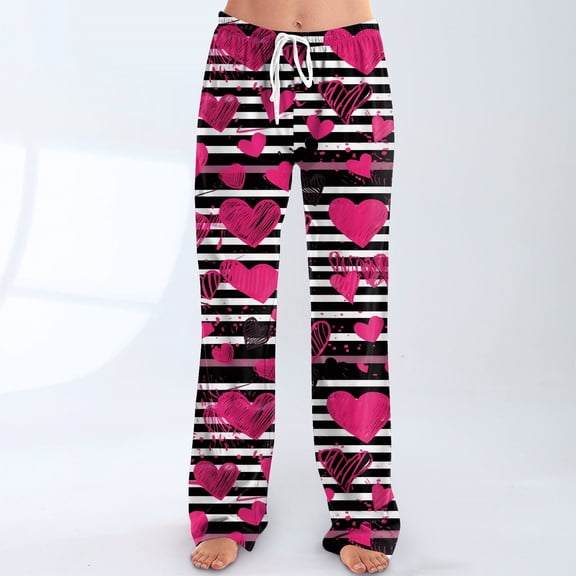 Iaqnaocc Valentine's Day pants for women Baggy Fancy Love Heart Print Lounge Pants Fancy Pants Fashion Fall Winter Drawstring Elastic Waist Trousers Hot Pink XXXL