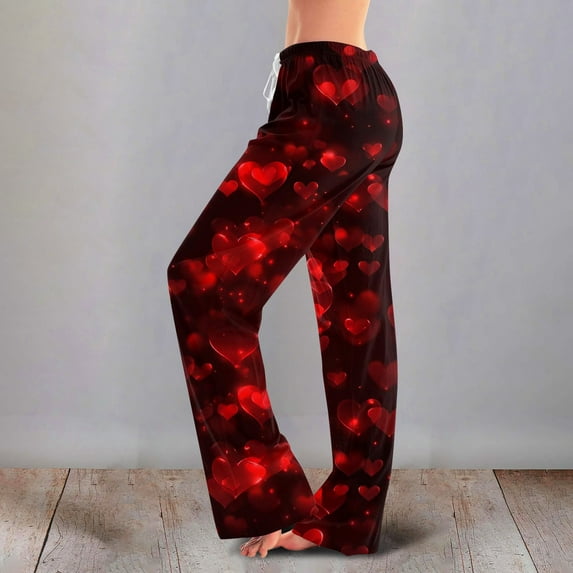 Iaqnaocc Valentine's Day pants for women Baggy Fancy Love Heart Print ...