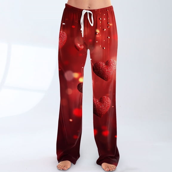 Iaqnaocc Valentine's Day pants for women Baggy Fancy Love Heart Print Lounge Pants Soft Warm Pants Fashion Fall Winter Waisted Drawstring Sweatpants Wine XXXL