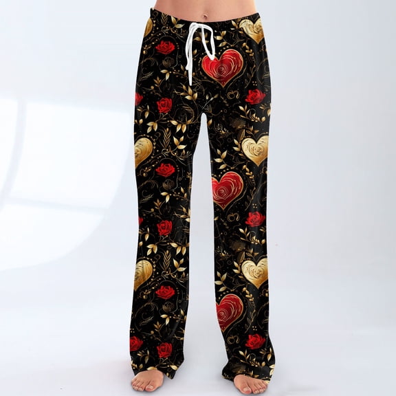 Iaqnaocc Valentine's Day pants for women Baggy Fancy Love Heart Print Pj Bottoms Loose Fit Pajama Pants Fashion Fall Winter Drawstring Elastic Waist Sweatpants Gold XXXL