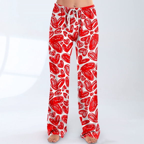 Iaqnaocc Valentine's Day pants for women Baggy Fancy Love Heart Print Pj Bottoms Soft Warm Pants Fashion Holiday Party Waisted Drawstring Trousers Red S