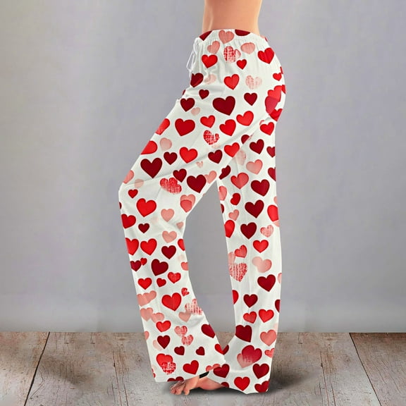 Iaqnaocc Valentine's Day pants for women Baggy Fancy Love Heart Print Pj Bottoms Trendy Pants Fashion Holiday Party Waisted Drawstring Trousers Red M