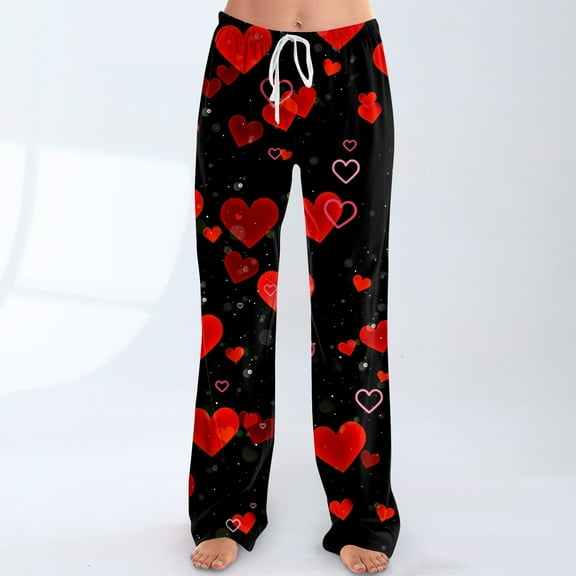 Iaqnaocc Valentine's Day pants for women Casual Love Heart Print Lounge Pants Casual Pajama Pants Fashion Holiday Party Drawstring Elastic Waist Pjs Sleep Bottoms Black S