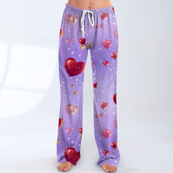 Iaqnaocc Valentine's Day pants for women Casual Love Heart Print Pj Bottoms Casual Pants Fashion Comfy Drawstring Elastic Waist Pjs Sleep Bottoms Light Purple XXXL