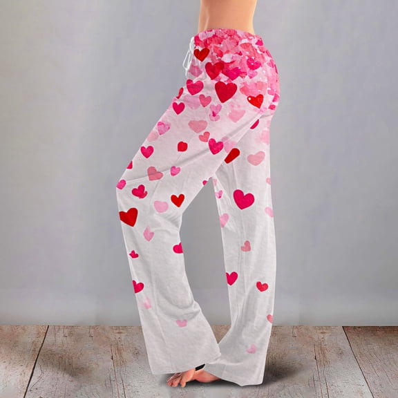 Iaqnaocc Valentine's Day pants for women Fancy Love Heart Print Lounge Pants Soft Warm Star Graphic Pajama Pants Fashion Comfy Drawstring Elastic Waist Sweatpants White M