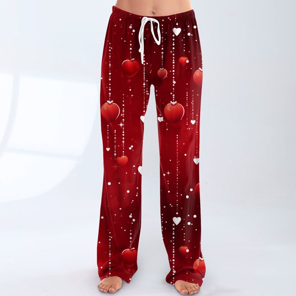 Iaqnaocc Valentine's Day pants for women Fancy Love Heart Print Pj Bottoms Loose Fit Star Graphic Pants Fashion Fall Winter Waisted Drawstring Sweatpants Wine XL