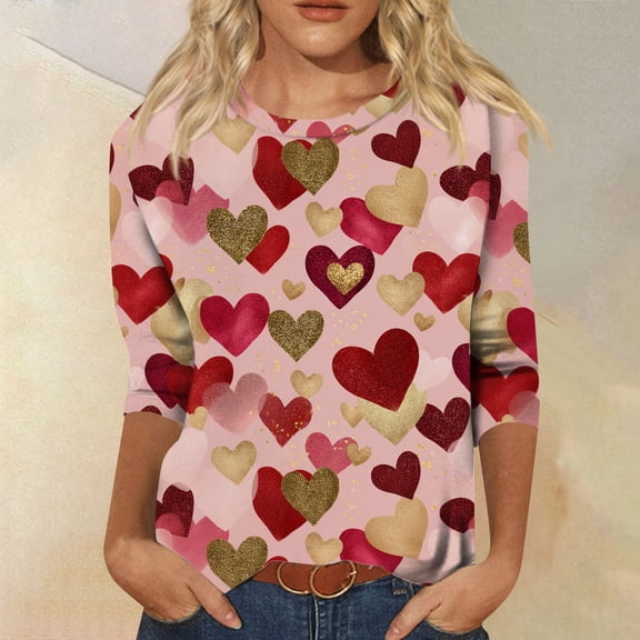Iaqnaocc Valentines 3/4 Length Sleeve Womens Tops Oversized Funny Love Heart Print Shirt Causal Dressy Spring Day Crewneck Graphic Tee Pink 2XL