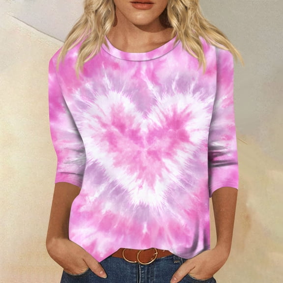 Iaqnaocc Valentines 3/4 Length Sleeve Womens Tops Plus Size Funny Love Heart Print Shirt Causal Dressy Fall Spring Round Neck Couple Tops Pink L