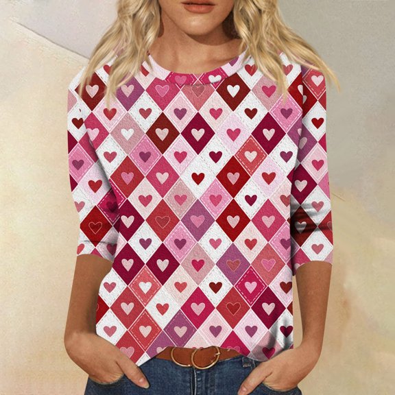 Iaqnaocc Valentines Day 3/4 Length Sleeve Womens Tops Oversized Cute Love Heart Print Shirt Causal Spring Day Crew Neck Couple Tops Hot Pink L