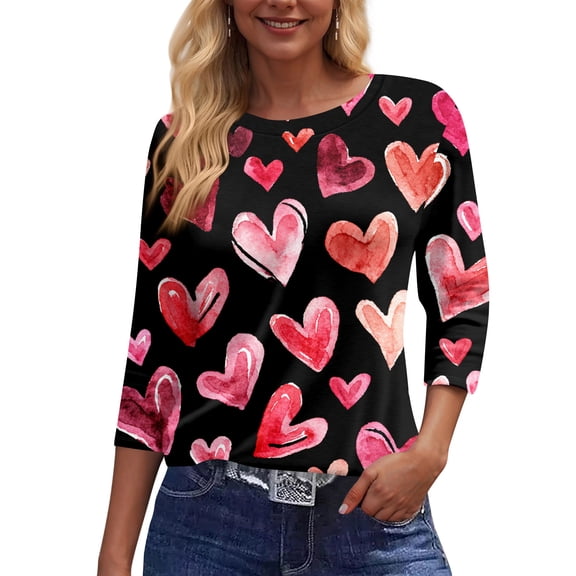 Iaqnaocc Valentines Day 3/4 Length Sleeve Womens Tops Oversized Funny Love Heart Print T Shirts Trendy Fall Spring Round Neck Tops Tee Deep Red M