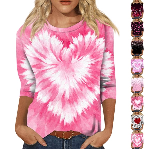 Iaqnaocc Valentines Day 3/4 Length Sleeve Womens Tops Oversized Funny Love Heart Print Tops Trendy Fall Spring Round Neck Couple Tops Multicolor M