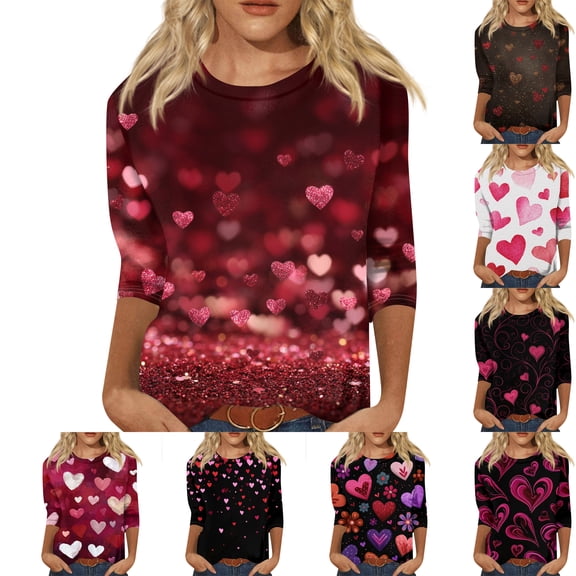 Iaqnaocc Valentines Day 3/4 Sleeve Tops for Women Oversized Cute Love Heart Print Tops Causal Fall Spring Crewneck Graphic Tee Hot Pink S