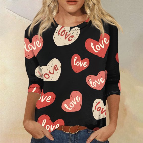Iaqnaocc Valentines Day 3/4 Sleeve Tops for Women Oversized Funny Love Heart Print T Shirts Trendy Spring Day Crewneck Vacation Outfits Black L