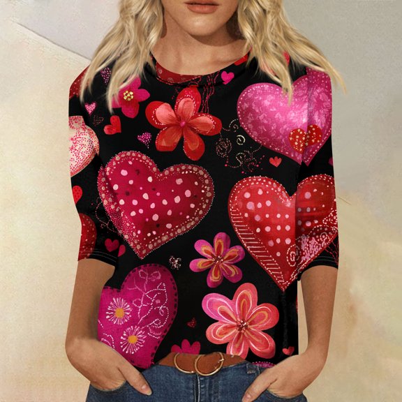 Iaqnaocc Valentines Day 3/4 Sleeve Tops for Women Plus Size Funny Love Heart Print T Shirts Fashion Fall Spring Round Neck Vacation Outfits Red XL