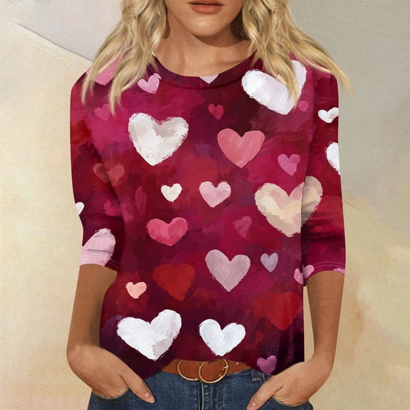 Iaqnaocc Valentines Day Tops for Women Trendy 3/4 Length Sleeve Oversized Funny Love Heart Print Shirt Fashion Fall Spring Crew Neck Tops Tee Vermilion M