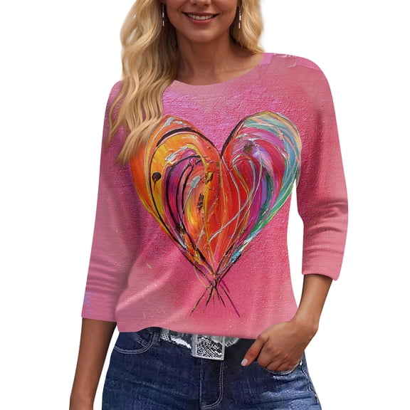 Iaqnaocc Valentines Day Tops for Women Trendy 3/4 Sleeve Plus Size Cute Love Heart Print Tops Fashion Fall Spring Crewneck Tops Tee Hot Pink S