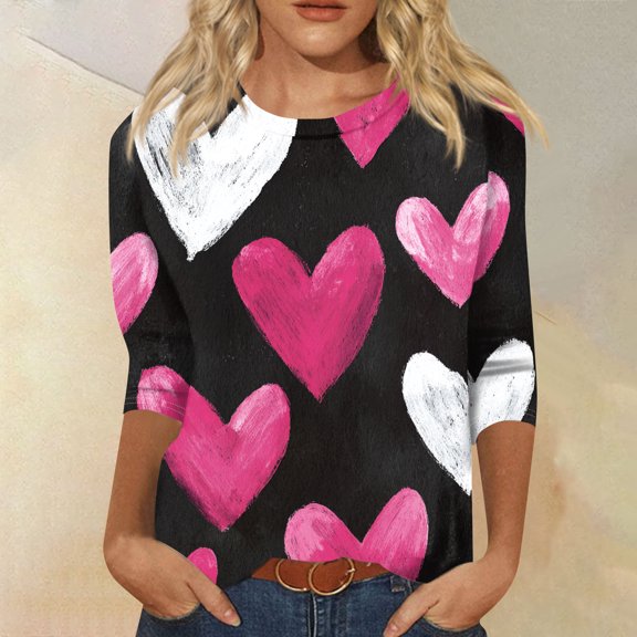 Iaqnaocc Valentines Day Women's Tops 3/4 Length Sleeve Oversized Funny Love Heart Print T Shirts Causal Spring Day Crew Neck Couple Tops Pink M
