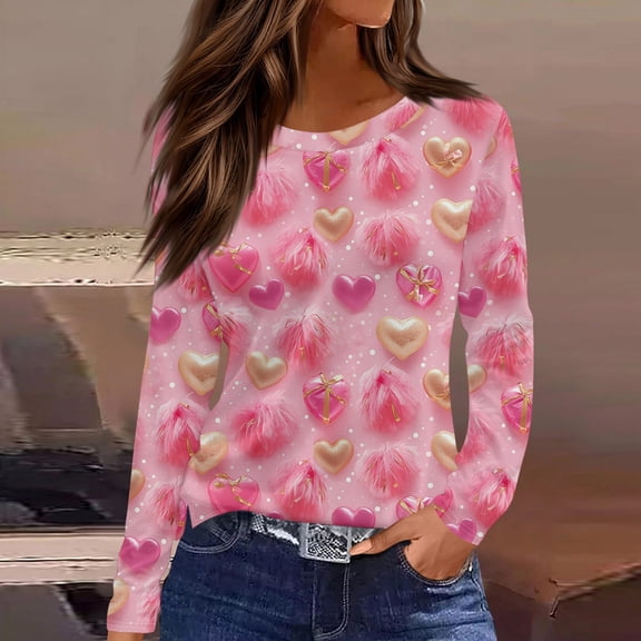 Iaqnaocc Valentines Long Sleeve Shirt Women Loose Fit Funny Love Heart Print Fall Tops Casual Crew Neck Shirts Holiday Party 2026 Fall Tshirt Top Hot Pink S