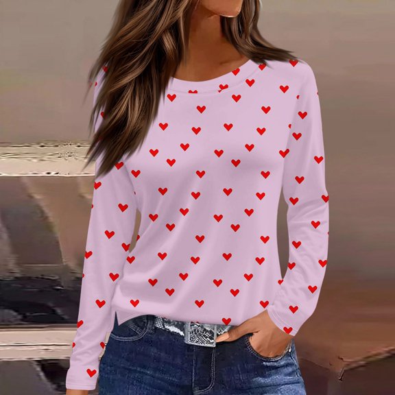 Iaqnaocc Valentines Long Sleeve Shirt Women Plus Size Funny Love Heart Print Tee Casual Crew Neck Shirts Comfy 2026 Fall Tshirt Top Light Purple S