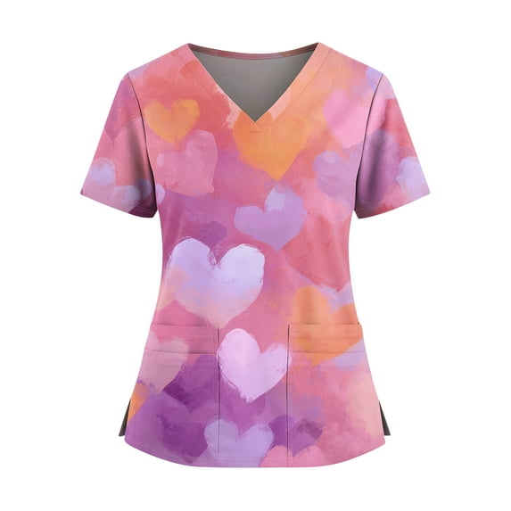 Iaqnaocc Valentines Scrubs for Women Funny Love Heart Graphic Nursing Uniform Fashion V Neck Scrub Tops Holiday Short Sleeve Tees Blouse with Pockets Purple Pink 3XL