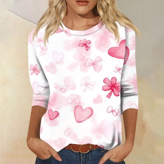 Iaqnaocc Valentines Shirts for Women 3/4 Sleeve Plus Size Funny Love Heart Print Shirt Fashion Spring Day Crewneck Graphic Tee Pink S