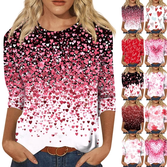 Iaqnaocc Valentines T Shirts for Women 3/4 Sleeve Plus Size Funny Love Heart Print Shirt Causal Dressy Fall Spring Crew Neck Graphic Tee Watermelon Red 2XL